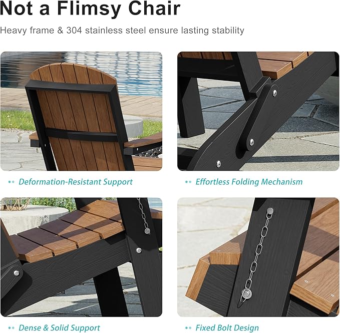 HDPE Foldable Adirondack Outdoor Chair with Cup Holder, Weather Resistant Heavy-Duty Patio Chair for Patio, Backyard, Deck, Fire Pit, Lawn and Porch, Black and Teak