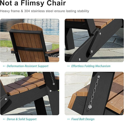 HDPE Foldable Adirondack Outdoor Chair Set of 2 with Cup Holder, Weather Resistant Heavy-Duty Patio Chair for Patio, Backyard, Deck, Fire Pit, Lawn and Porch, Black and Teak