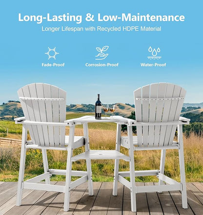 PASAMIC Tall Adirondack Chairs Set of 4, All-Weather HDPE Patio Chairs with Double Connecting Trays, Bar Height Heavy-Duty Outdoor Chairs for Garden, Backyard, Balcony, White