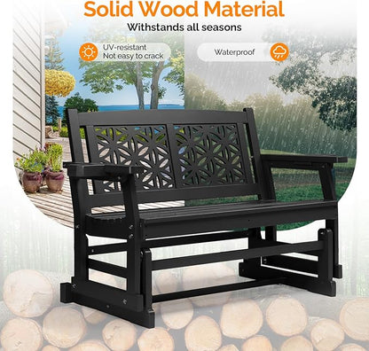 VINGLI Fir Wood Outdoor Glider with Floral Backrest, Wooden Patio Gliding Bench with Cup Holders, Smooth Rocking Chair for Garden, Yard & Porch (Black, 4FT)