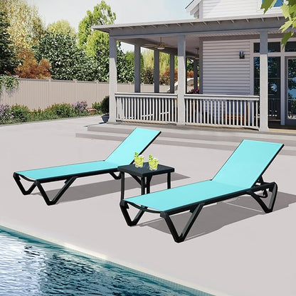 Domi Pool Lounge Chairs, Aluminum Patio Chaise Lounge with Side Table, 5 Position Adjustable Backrest and Wheels, All Weather Outdoor Lounge Chairs for Beach, Yard, Balcony, Poolside, Turquoise Blue