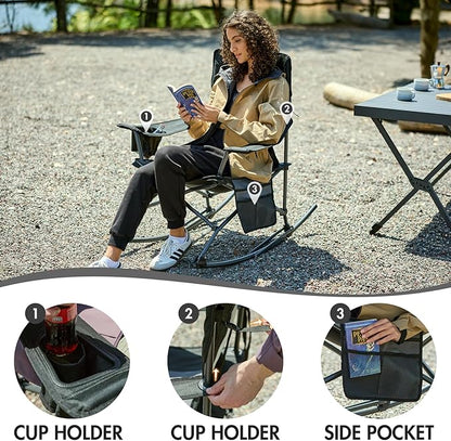 Portal Outdoor Rocking Chair Camping Folding Portable Rocker with Cup Holder Side Pocket Carry Bag, Support 350LBS (Black)