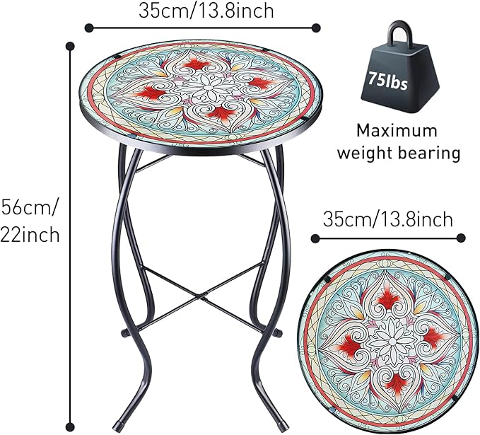 14 Inch Small Outdoor Side Table with Red Flower, Glass Mosaic Patio Table Indoor - Photo 3