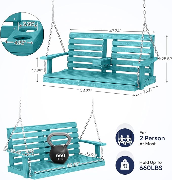 KINGYES Outdoor Hanging Porch Swing, 2 Seat Patio Swing Chair with Cup Holders - Photo 3