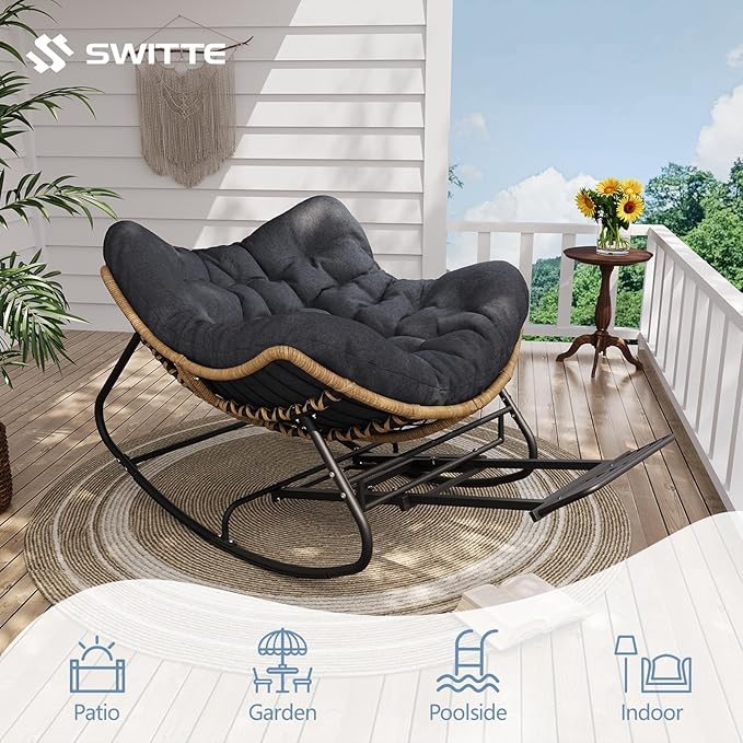 SWITTE Papasan Rocking Chair with Adjustable Footrest, Oversized Wicker Zero-Gravity Outdoor Rocker with Cushion, All-Weather Lounge Chair for Patio, Living Room-Dark Grey