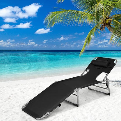 GYMAX Tanning Chair, Folding Beach Lounger with Face Arm Hole, Adjustable Backrest, Side Pocket, Pillow & Carry Handle, Outside Sunbathing Lounge Chair for Patio, Poolside, Lawn (1, Black)