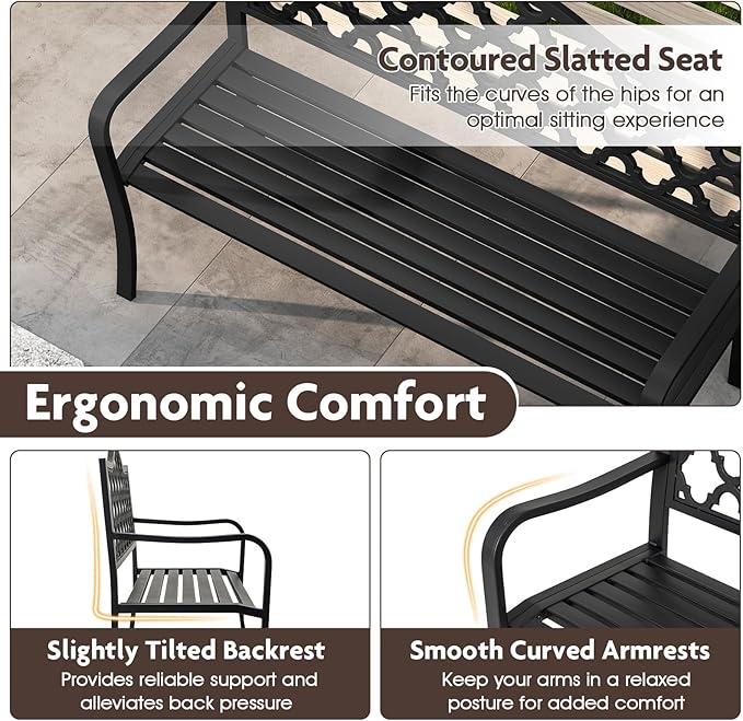 Giantex Metal Outdoor Bench with Backrest, Curved Armrests, Slatted Seat for 2-3 Persons, Load 660 lbs, 47''x16'' Heavy-Duty Seating, Patio Garden Bench for Backyard, Poolside, Porch, Park, Black