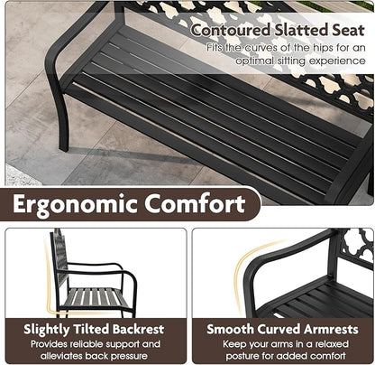 Giantex Metal Outdoor Bench with Backrest, Curved Armrests, Slatted Seat for 2-3 Persons, Load 660 lbs, 47''x16'' Heavy-Duty Seating, Patio Garden Bench for Backyard, Poolside, Porch, Park, Black