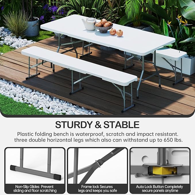 6 Foot Folding Bench, Portable Plastic Folding Bench Seat, Foldable Seat for Indoor Outdoor Picnic Camping Dining, Soccer Garden Multipurpose Entertaining Activities, White