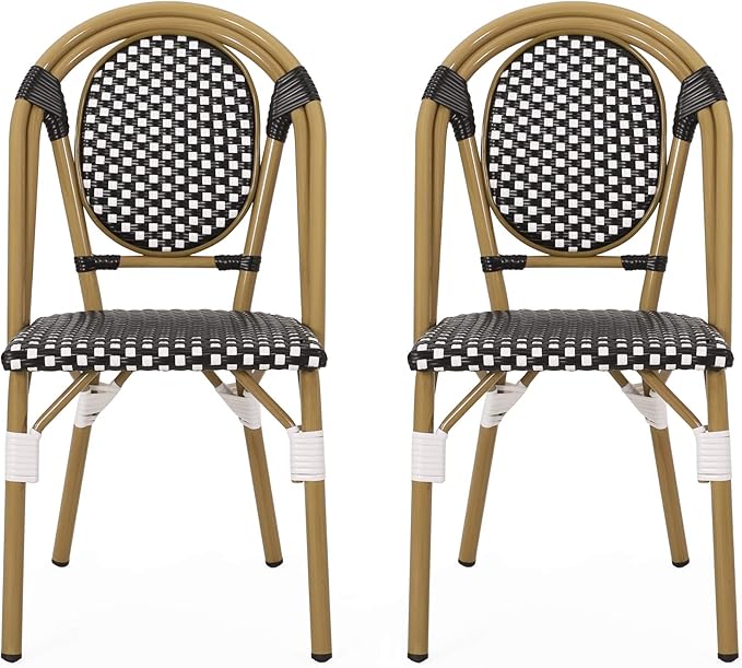 Gwendolyn Outdoor French Bistro Chairs (Set of 2), Black, White, and Bamboo Finish - Photo 1