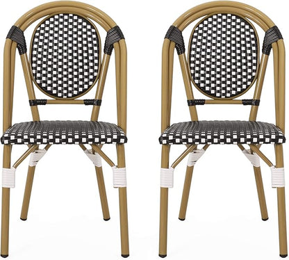 Gwendolyn Outdoor French Bistro Chairs (Set of 2), Black, White, and Bamboo Finish