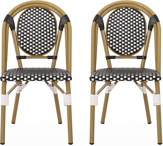 Gwendolyn Outdoor French Bistro Chairs (Set of 2), Black, White, and Bamboo Finish