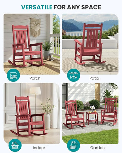 SERWALL Patio Rocking Chairs Set of 4, HDPE Outdoor Rockers for Adults, Oversized All-Weather Porch Rocking Chairs, Red