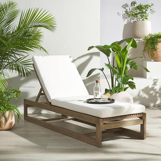 SAFAVIEH Couture Outdoor Collection Saint Vincent Natural/Beige Cushion Solid Wood Chaise Lounge Chair