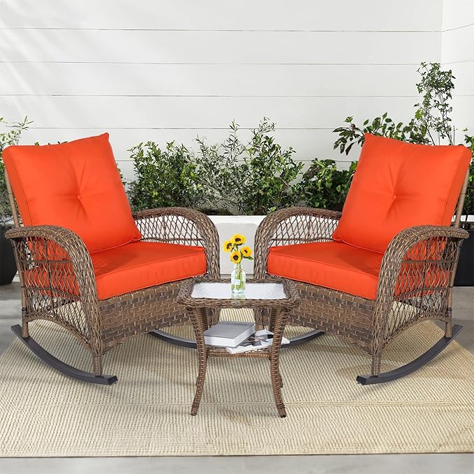MEETWARM 3 Pieces Outdoor Wicker Rocking Chair Set, Rattan Patio Rocker Chairs Set with Cushions and Glass-Top Coffee Table, Conversation Bistro Set for Porch & Backyard - Orange