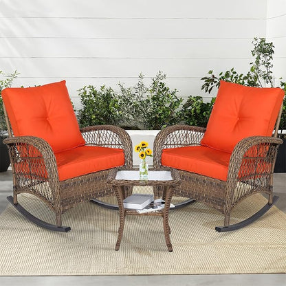 MEETWARM 3 Pieces Outdoor Wicker Rocking Chair Set, Rattan Patio Rocker Chairs Set with Cushions and Glass-Top Coffee Table, Conversation Bistro Set for Porch & Backyard - Orange