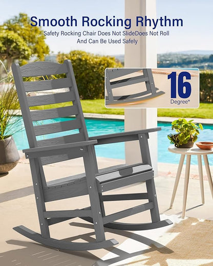 YEFU Outdoor Rocking Chair Set of 4,Poly Porch Rocker with Curved Backrest,All Weather Patio Rocking Chair,Like Real Wood,for Indoor,Lawn, Backyard,Garden,Heavy Duty,Weight Capacity 380lbs(Grey)