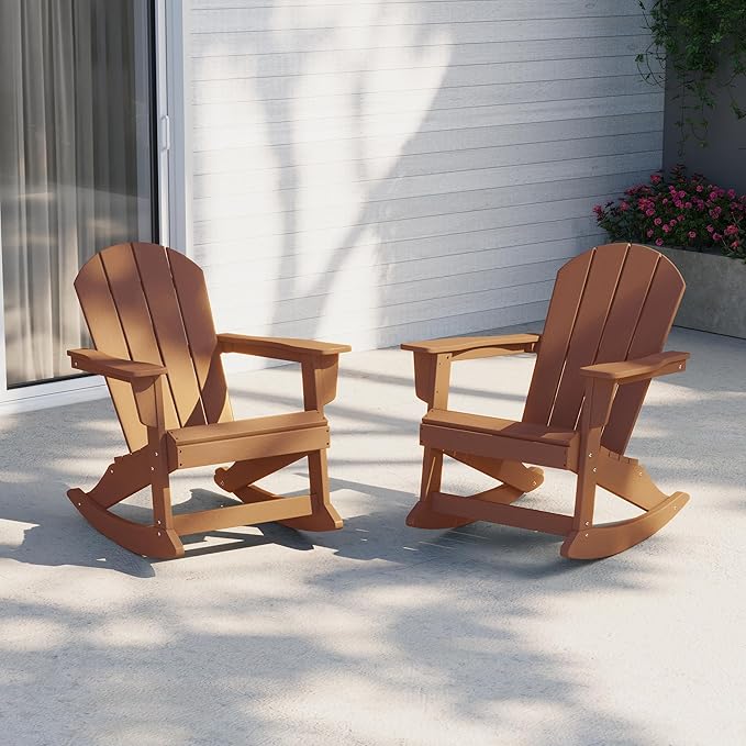 Costaelm Outdoor Adirondack Chair Set of 2, All Weather Resistant Classic Balcony Chair and Fire Pit Chairs, Adirondack Plastic Outdoor Porch Furniture Rocking Chair High Back HDPE Poly Lumber, Teak