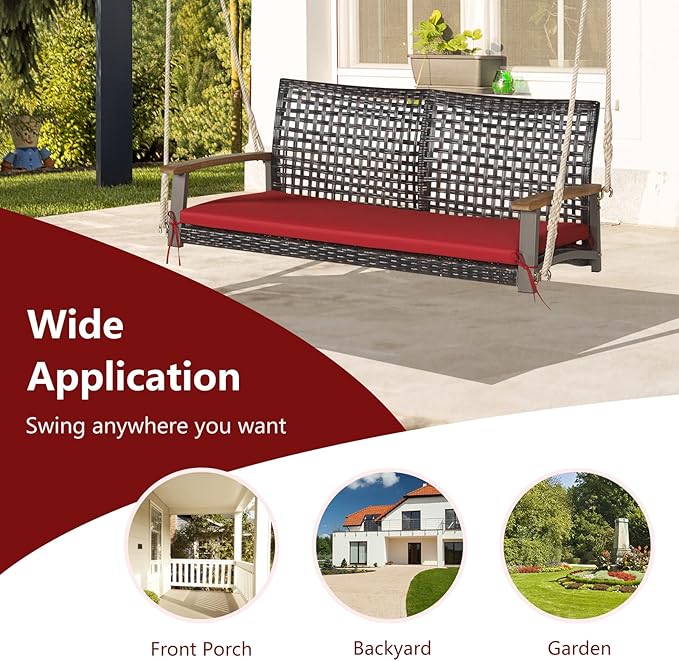 Tangkula 2 Person PE Wicker Porch Swing Bench, Outdoor Hanging Swing with Soft Seat Cushion and Hanging Ropes(Length of 118" for Each Chain), 800 LBS Weight Capacity