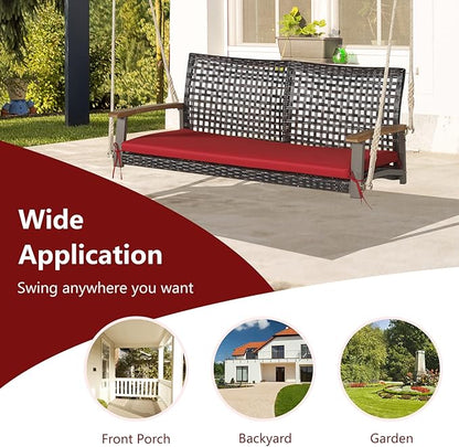 Tangkula 2 Person PE Wicker Porch Swing Bench, Outdoor Hanging Swing with Soft Seat Cushion and Hanging Ropes(Length of 118" for Each Chain), 800 LBS Weight Capacity