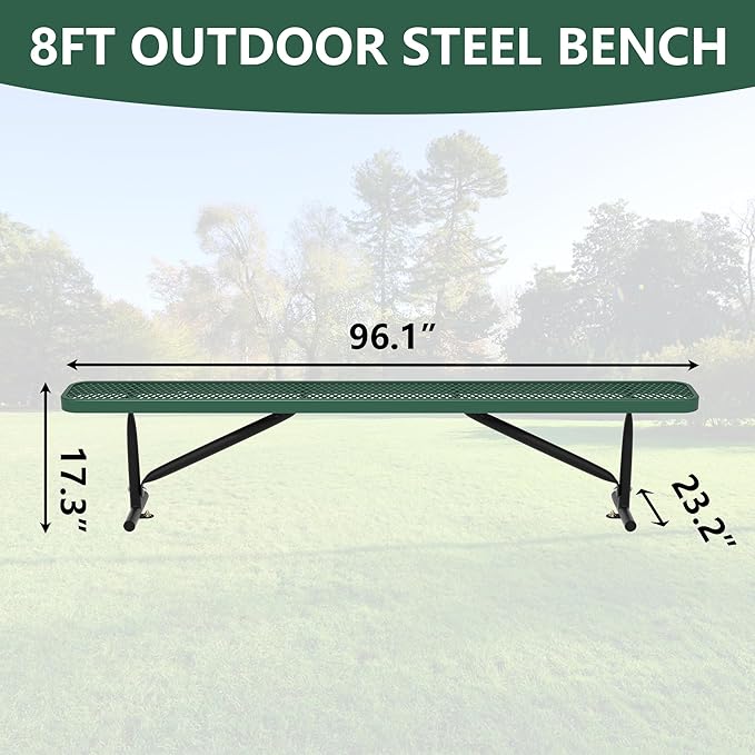 8 Feet Outdoor Benches, Green Heavy Duty Metal Park Bench for Outside, Weatherproof Dock Bench, 96" L Commercial Benches Backless Bench for Shopping Mall, Store, Lawn, Park, Patio, Deck, Garden