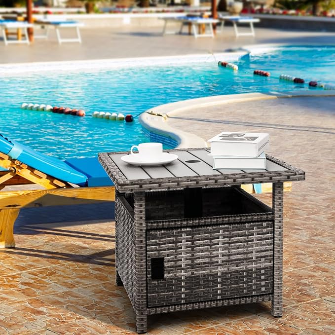 Outdoor Patio Side Table with Umbrella Hole Small Grey Wicker Umbrella Stand Table with 2 Weight Bags for Outside End Storage Coffee Table with Poly Lumber Top for Pool Garden Balcony Deck
