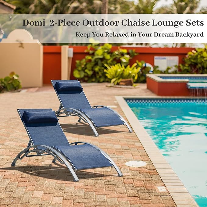 domi outdoor living Domi Lounge Chair Set of 2, Aluminum Lounge Chairs for Outside with 5 Adjustable Positions, Chaise Lounge Outdoor for Pool, Garden, Beach, Camping, Backyard (Blue) (LLFT0586-B)
