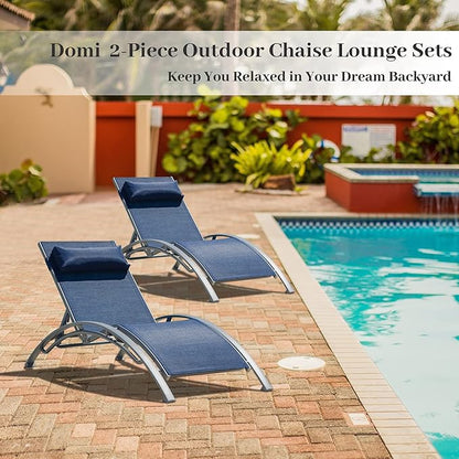 domi outdoor living Domi Lounge Chair Set of 2, Aluminum Lounge Chairs for Outside with 5 Adjustable Positions, Chaise Lounge Outdoor for Pool, Garden, Beach, Camping, Backyard (Blue) (LLFT0586-B)