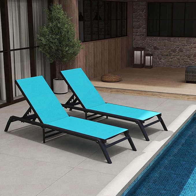 Outdoor Chaise Lounge Chairs Set of 2, No Assembly Required, 5-Position Adjustable Backrest, Foldable Lightweight Patio Lounge for Poolside, Deck, Lawn & Beach, Blue