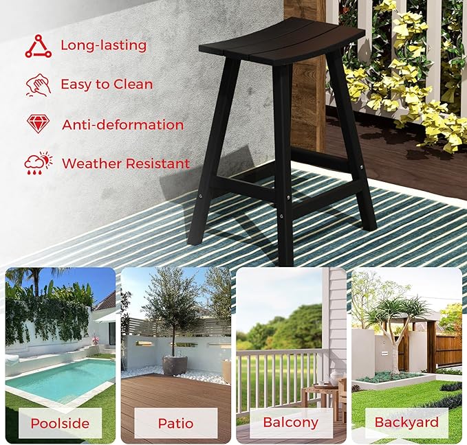 Costaelm All-Weather Bar Stools Set of 3, 24" Height Outdoor Bar Stools, Adirondack Poly Patio Bar Stool for Patio, Deck, Kitchen Counter and Garden, Black
