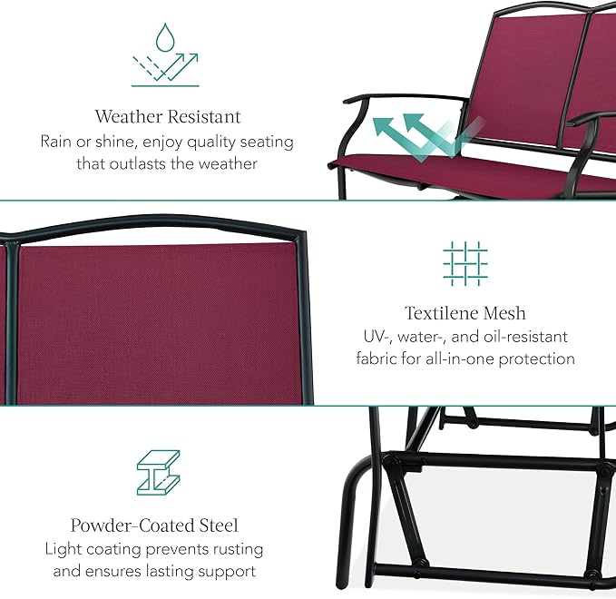 Best Choice Products 2-Person Outdoor Patio Swing Glider Steel Bench Loveseat Rocker for Deck, Porch w/Textilene Fabric - Photo 5
