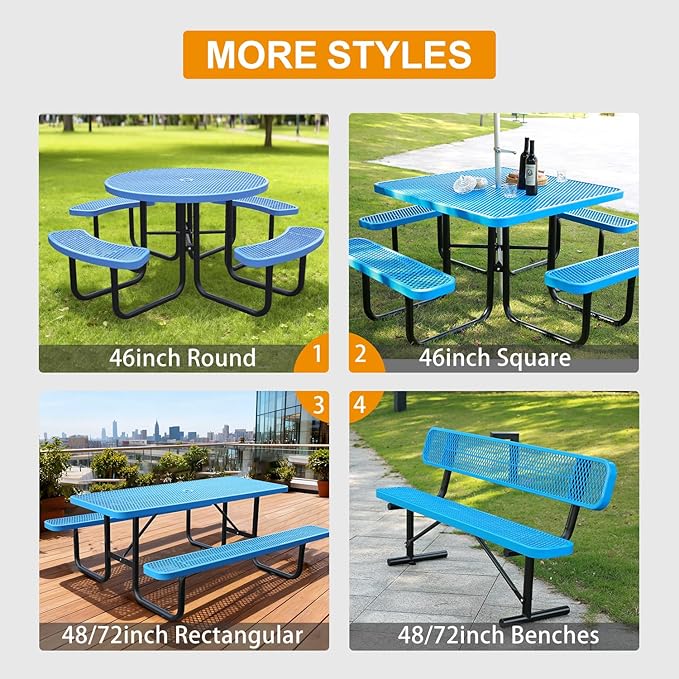 4 ft Outdoor Park Bench – Heavy-Duty Steel Frame & Rust-Resistant Thermoplastic Coating, Suitable for Gardens, Courtyards, Campuses, Commercial Spaces (Blue, 4ft)