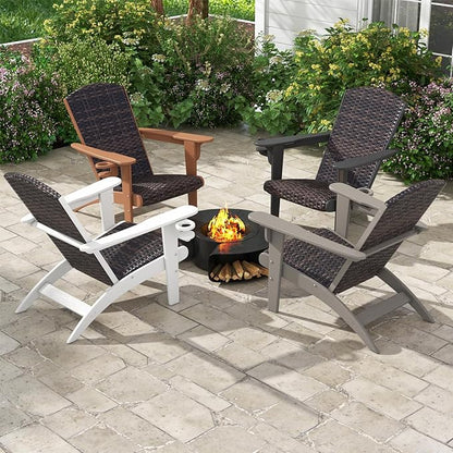 Tangkula Patio Wicker Adirondack Chair, HDPE Lounge Chair w/Rattan Padded Seat & Back, Wide Armrests & Hidden Cupholder, Outdoor All-Weather Adirondack Fire Pit Chair for Backyard, Lawn (1, Black)