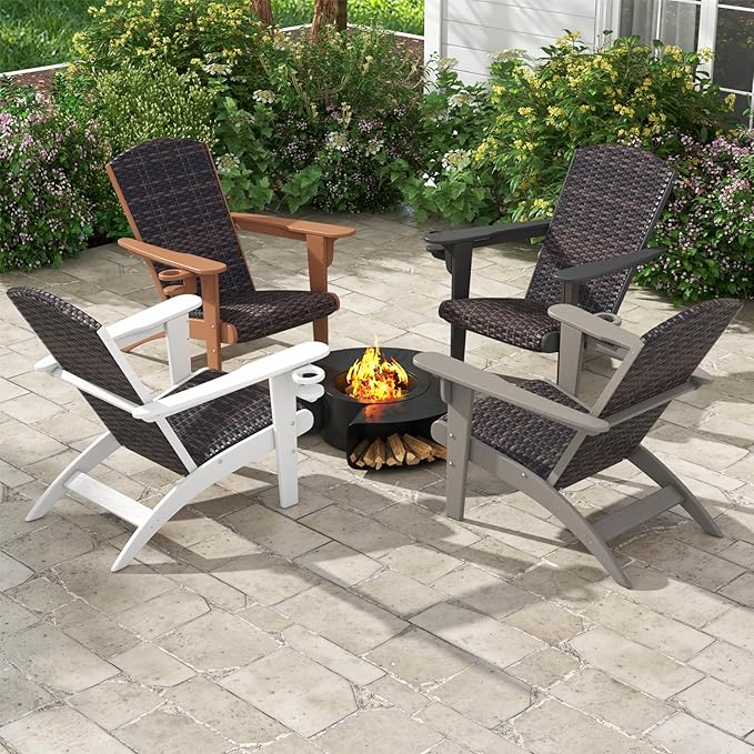 Tangkula Patio Wicker Adirondack Chair, HDPE Lounge Chair w/Rattan Padded Seat & Back, Wide Armrests & Hidden Cupholder, Outdoor All-Weather Adirondack Fire Pit Chair for Backyard, Lawn (2, White)