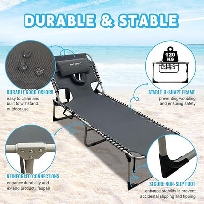 Backpack Sun Tanning Chair with Face Hole & Beach Table, 5-Position Adjustable Folding Lounge Chair Outdoor for Lawn Patio Garden