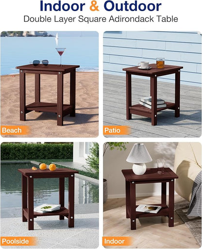 YEFU Outdoor Side Table for Patio: 16" HIPS Weather - Resistant Adirondack Tables - Waterproof Small Square End Tables for Backyard Living Room Bedroom - Indoor Outdoor Double Layer Table Coffee