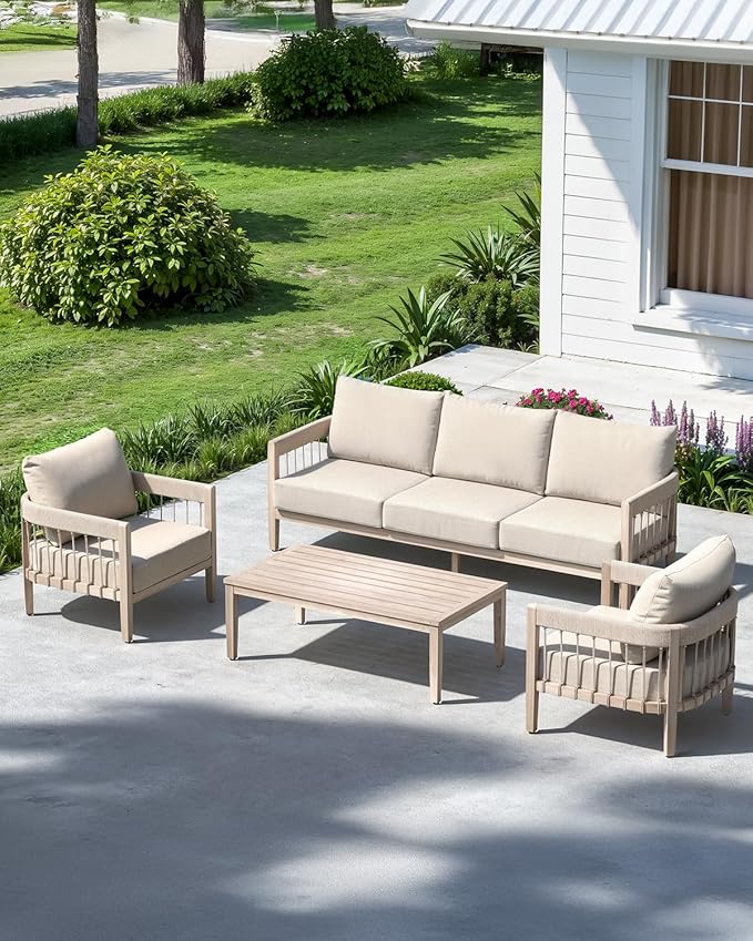 Patio Sofa Chairs Set of 2, Never-Rust Aluminum Outdoor Armchairs with Faux Wood Grain Finish, 2 Pieces Rope Weave - Photo 2