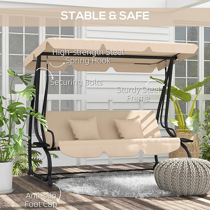 Outsunny 3-Seat Outdoor Patio Swing Chair, Converting Flatbed, Outdoor Swing Glider with Adjustable Canopy - Photo 5