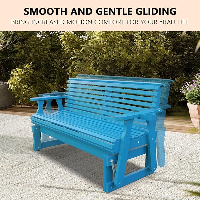 3-Seater Outdoor Glider Chair, 5FT Wood Porch Glider with High Roll Back, Cupholders and Deep Contoured for Porch - Photo 3