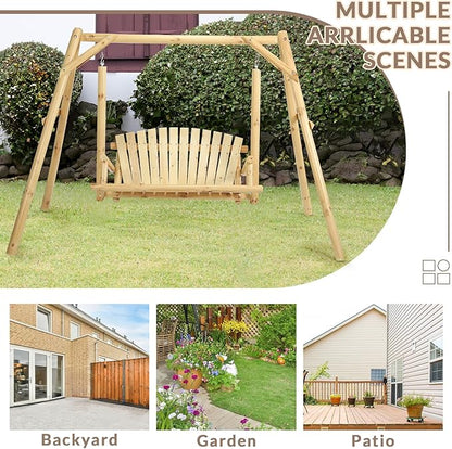 2-Seat Wooden Log Porch Swing With Stand, Rustic Hardwood Chair Bench, Curved Back, for Outside Yard, Garden, Deck, Poolside, Natural