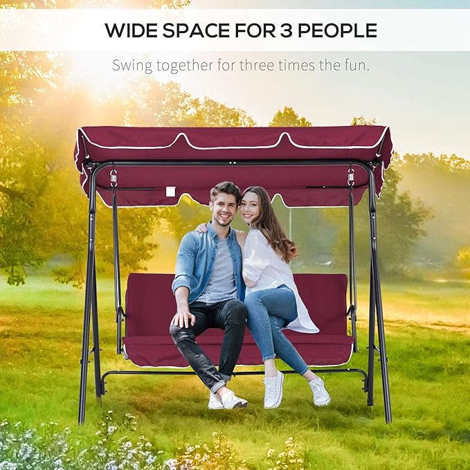 Outsunny 3-Seat Outdoor Patio Swing Chair with Removable Cushion, Steel Frame Stand and Adjustable Tilt Canopy for Patio - Photo 5