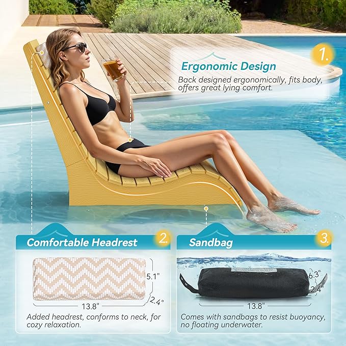 HDPS Pool Lounge Chairs Set of 4, Use in Pools Lounge Chairs up to 10-Inches of Water, Chaise Chairs with Headrest, Lounge Chair Outdoor, Fade-Resistant Pool Lounger for Deck
