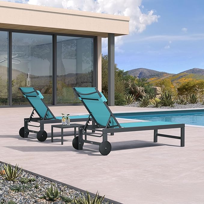 PURPLE LEAF Patio Lounge Chair Set Outdoor Chaise Lounger Aluminum Frame with 2 Side Table and Wheels for Pool Outside Sunbathing Tanning Recliner Including Pillows Turquoise Blue