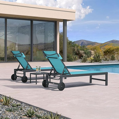 PURPLE LEAF Patio Lounge Chair Set Outdoor Chaise Lounger Aluminum Frame with 2 Side Table and Wheels for Pool Outside Sunbathing Tanning Recliner Including Pillows Turquoise Blue