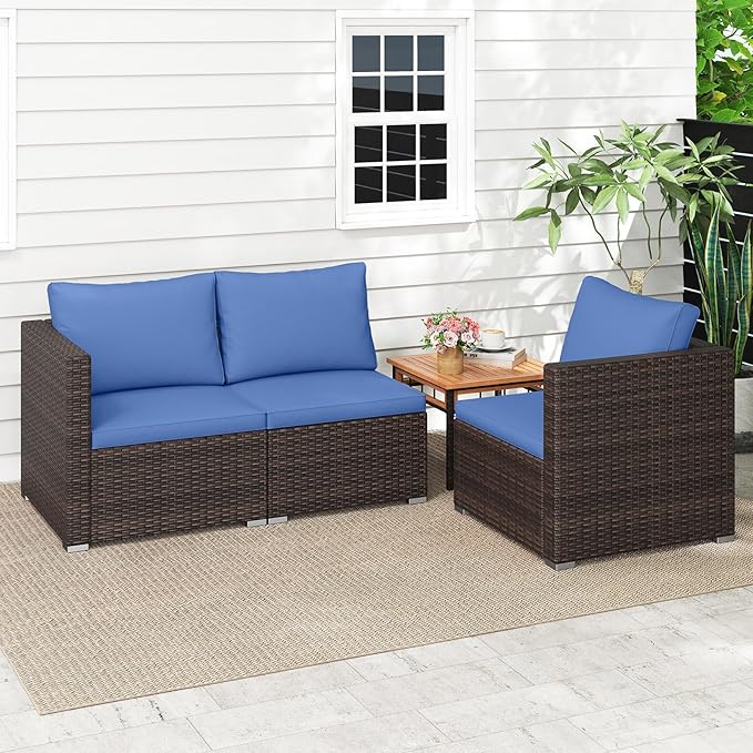 Tangkula 3 Seat Outdoor Wicker Sofa Set, Modular PE Rattan Patio Cushioned Sectional Couch Set, Outside Furniture Set for Deck, Backyard, Porch, Garden & Poolside (Brown-Navy)