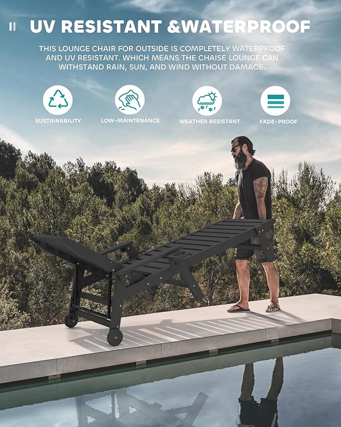 SERWALL Patio Chaise Lounge Chair Set of 2 with 9FT Patio Umbrella, 78'' HDPE Outdoor Lounger - Photo 8