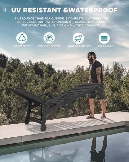 SERWALL Patio Chaise Lounge Chair Set of 6, 5 Positions Adjustable Poly Outdoor Lounger for Pool, HDPE Lounge Chair with Rolling Wheels & Cup Holder for Poolside, Deck, Obsidian Black