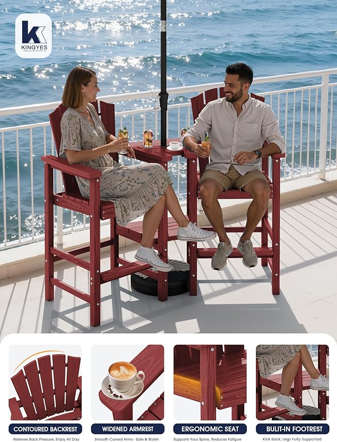 KINGYES Tall Adirondack Chair Set of 2, HDPE Tall Adirondack Barstools with Double Connecting Trays, Embossed Bar Height Adirondack Chair for 2, All Weather Balcony Adirondack Chairs for Balcony, Red