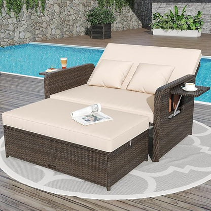 S AFSTAR Outdoor Daybed with Storage Ottoman, Wicker Chaise Lounge Chair with Cushions, Adjustable Backrest & 2 Retractable Trays, Patio Rattan Daybed Loveseat Sofa for Poolside Backyard