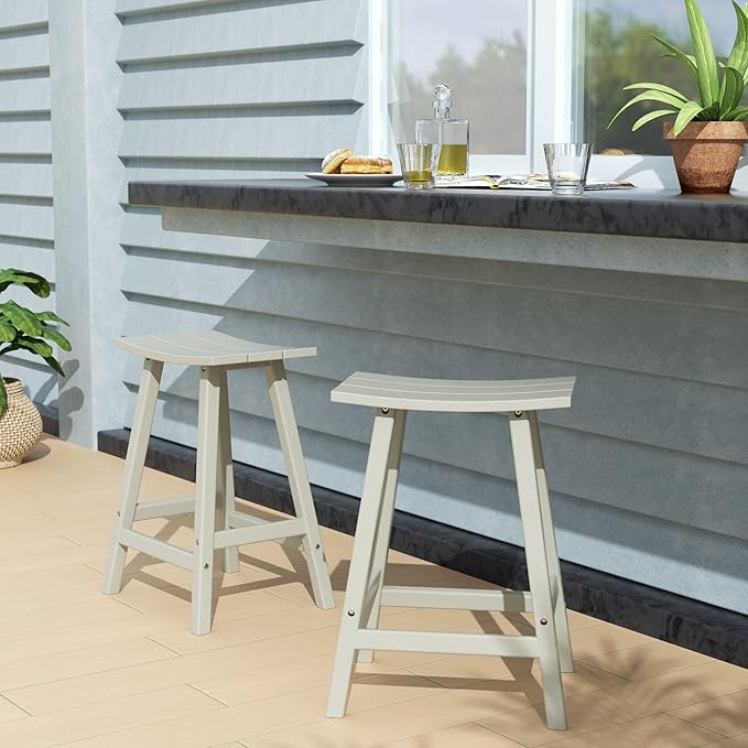 Costaelm All-Weather Bar Stools Set of 2, 24" Height Outdoor Bar Stools, Adirondack Poly Patio Bar Stool for Patio, Deck, Kitchen Counter and Garden, Sand